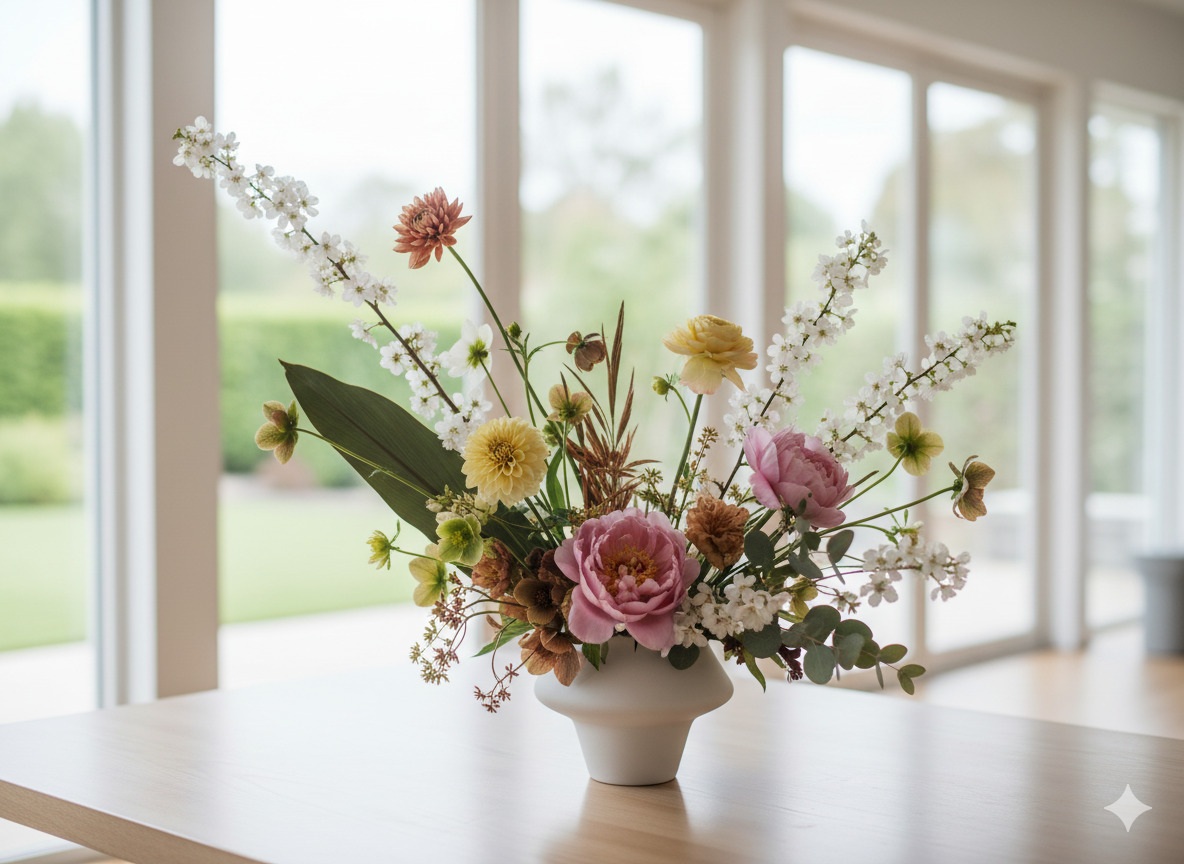 Modern bloemstuk met seizoensbloemen