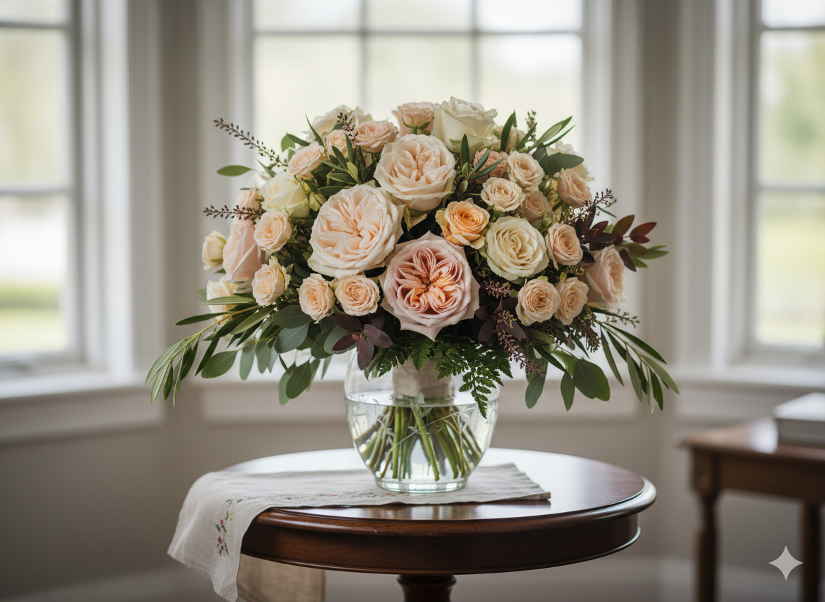 Verfijnd rozenboeket met seizoensgroen